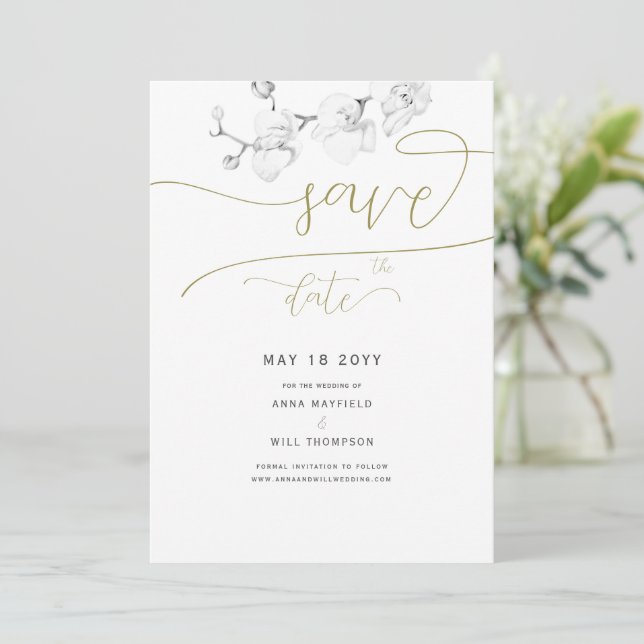 Convites Dourado Script Modern Orchid Wedding Salvar a Data (Em pé/Frente)