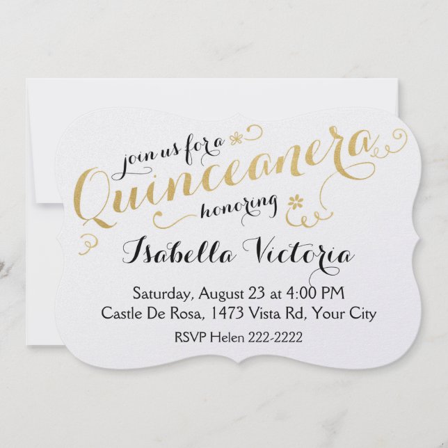 Convites Dourado Script Quinceanera (Frente)