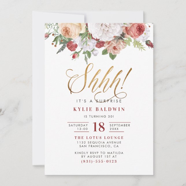 Convites Dourado Script Shhh! É uma Festa de aniversário su (Frente)