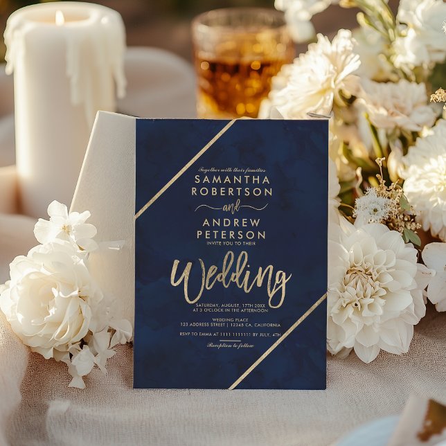 Convites Dourado script strips marinho azul-d-água casament (Gold script stripes navy blue watercolor wedding invitation)