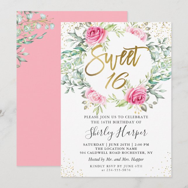 Convites Dourado Script Verde Floral Cor-de-rosa, doce 16 A (Frente/Verso)