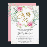 Convites Dourado Script Verde Floral Cor-de-rosa, doce 16 A<br><div class="desc">Dourado Script Verde Floral Cor-de-rosa,  doce 16 Convite de Aniversário</div>