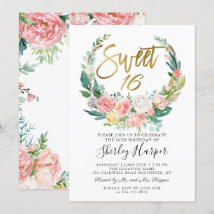 Convites Dourado Script Verde Floral Rosa 16