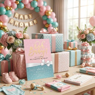 Convites Dourado Script White Ribbon Blue Pink Chá de frald
