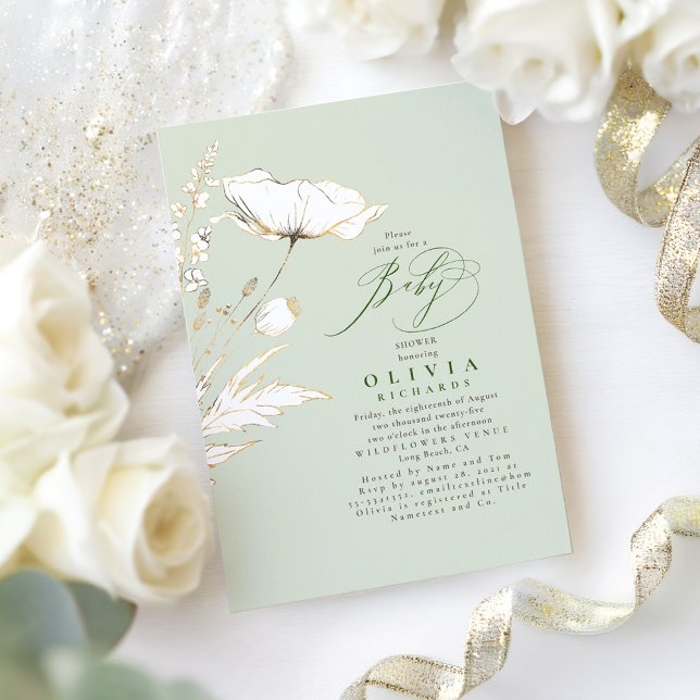 Convites Dourado Selvagens Sage Chá de fraldas Elegante Ver (Sage Green and Gold Wildflowers Baby Shower Invitation )