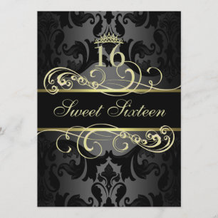 Convites Dourado Shirl Damask Sweet16 Birthday Convida