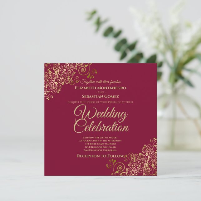 Convites Dourado sobre Quadrado de Casamento Simples e Eleg (Em pé/Frente)