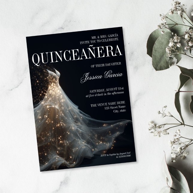 Convites Dourado Sparkle Doce 16 Vestido Quinceanera (elegant white 16th birthday dress with gold sparkles)