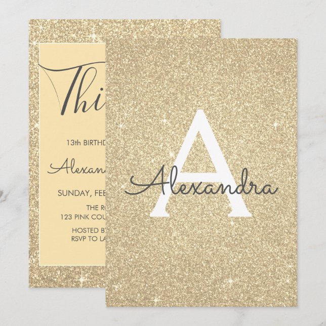 Convites Dourado Sparkle Glitter 13 Treze Aniversário (Frente/Verso)