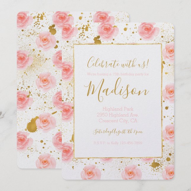 Convites Dourado Splatters Rosa Rosas Cor da Água Aniversár (Frente/Verso)
