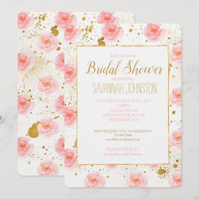 Convites Dourado Splatters Rosas Rosa Chá de panela de Aqua (Frente/Verso)