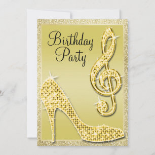 Convites Dourado Stiletto e Treble Clef Aniversário