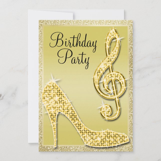 Convites Dourado Stiletto e Treble Clef Aniversário (Frente)