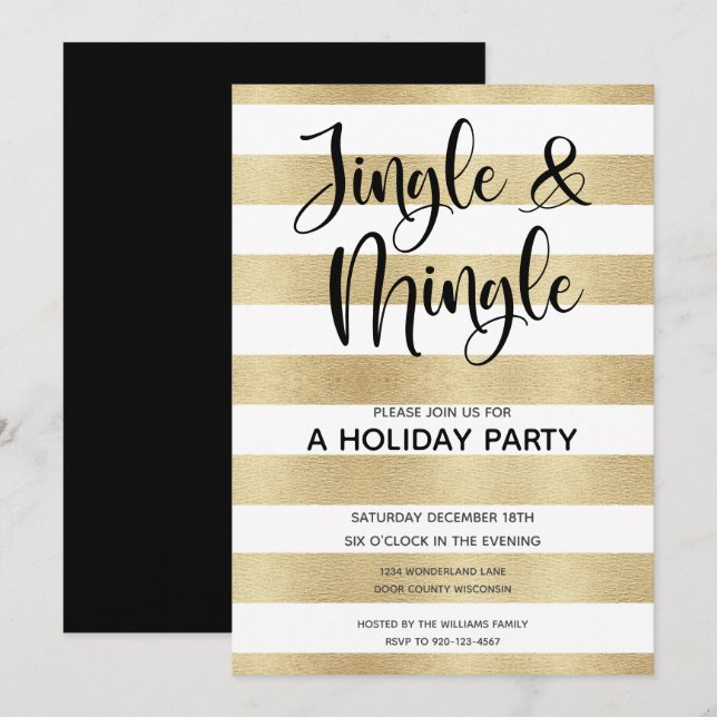 Convites Dourado Stripe Jingle e Mingle Holiday Party (Frente/Verso)