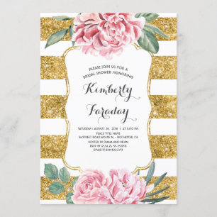 Convites Dourado Stripes Floral Vintage Chá de panela Branc