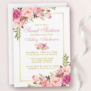 Convites Dourado Suave Floral Rosa Blush 16 Aniversário Con