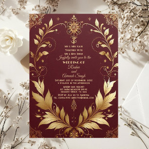 Convites Dourado Suntuoso Folhas Marrom Vermelho Espirais Í