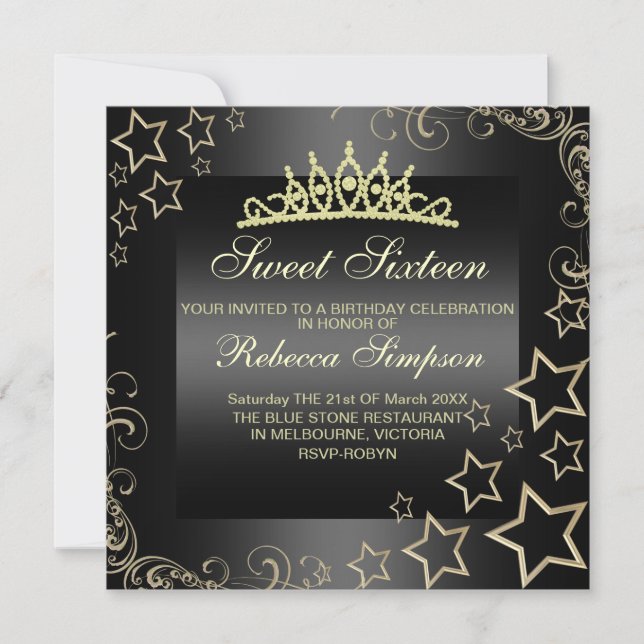 Convites Dourado/Sweet Preto16 Star & Tiara Birthday Convid (Frente)