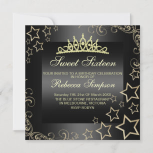 Convites Dourado/Sweet Preto16 Star & Tiara Birthday Convid