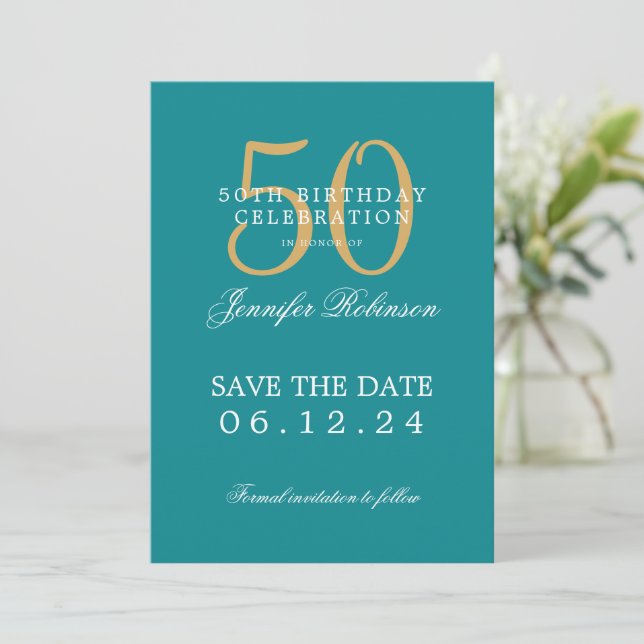 Convites Dourado Teal 50º Aniversário Salvar a Data (Em pé/Frente)