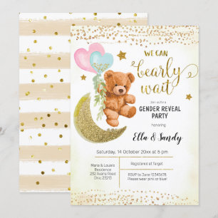 Convites Dourado Teddy Bear Balão de Gênero Partido Revel