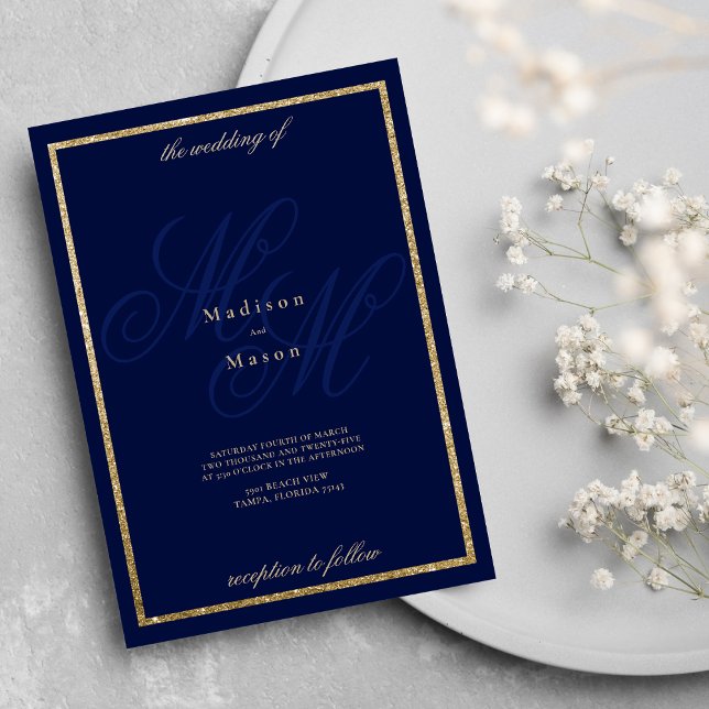 Convites Dourado tema das iniciais do monograma azul marinh (Gold navy blue monogram initials theme wedding)
