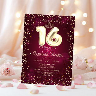 Convites Dourado Tiara, Diamantes Burgundy Festa 16 Doce