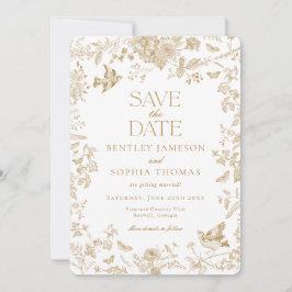 Convites Dourado Toile De Jouy Vintage Floral Salve a Data