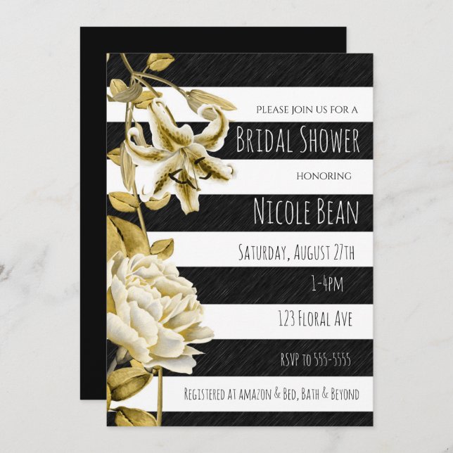 Convites Dourado Tone Floral Black & White Strike Invitatio (Frente/Verso)
