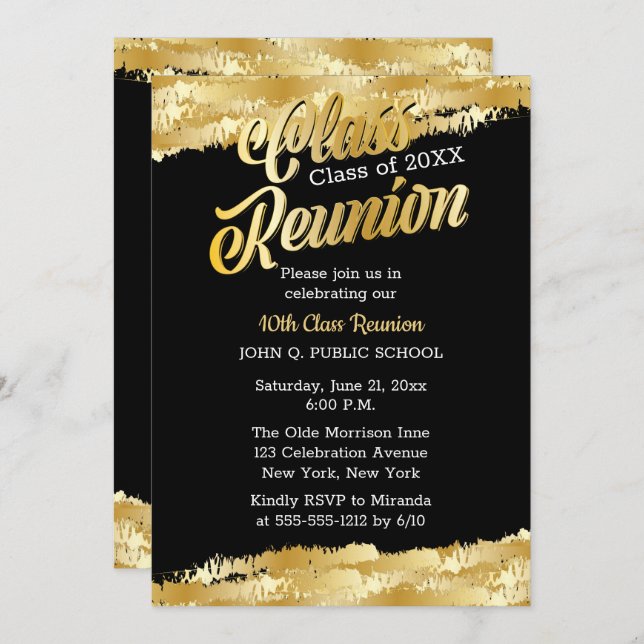 Convites Dourado Tone Modern Class Reunion Party (Frente/Verso)