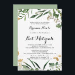 Convites Dourado Tropical Foliage Bat Mitzvah<br><div class="desc">Este convite para morcegos de folhagem verde de ouro tropical é perfeito para um morcego mitzvah rústico. A design apresenta belamente o ouro tropical de verão ilustrado e pintado à mão e a folhagem verde.</div>