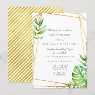 Convites Dourado Tropical Moldura Poligonal Listras Linhas 