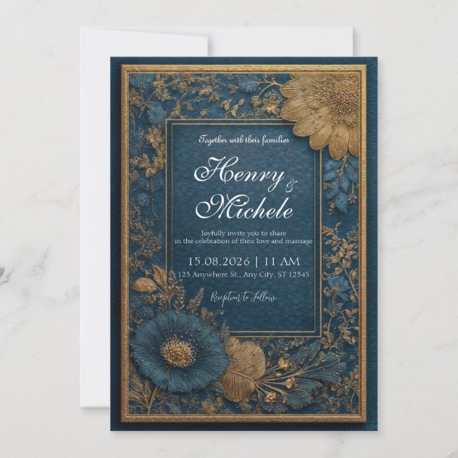 Convites Dourado Turquesa Azul Marinho Botânico Casamento T (Frente)