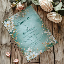 Convites Dourado Turquesa Branco Floral Mármore Casamento d
