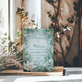 Convites Dourado Verde Espuma-do-Mar Branco Floral Casament