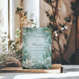 Convites Dourado Verde Espuma-do-Mar Branco Floral Casament