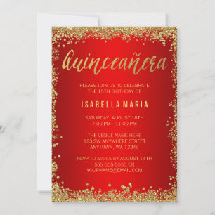 Convites Dourado Vermelho Brilho Falso Quinceanera 15º Aniv