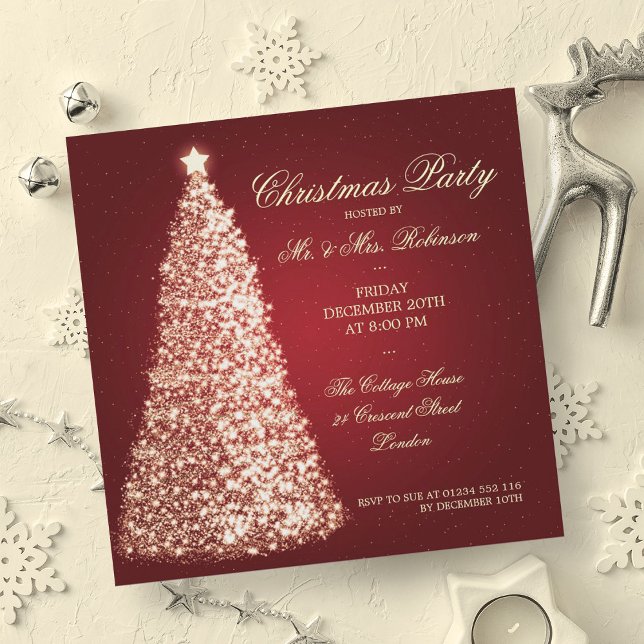 Convites Dourado Vermelho de Árvore da Festa de Natal Elega (Elegant Christmas Party Gold Tree Red Invitation)