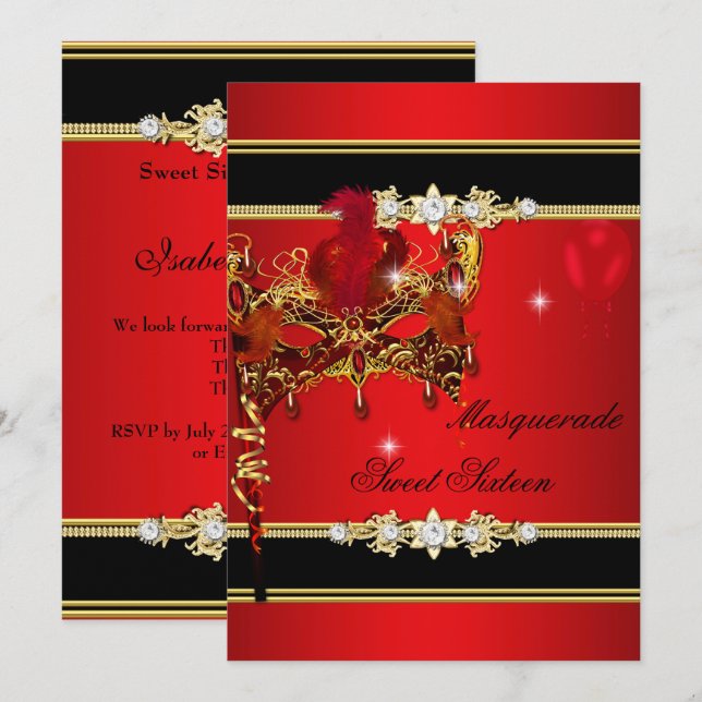 Convites Dourado Vermelho Doze Doces Máscaras 2 (Frente/Verso)
