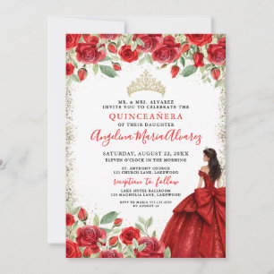 Convites Dourado Vermelho Floral Quinceanera