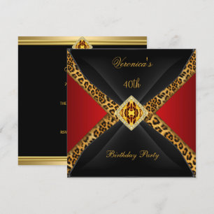 Convites Dourado Vermelho Leopardo Preto Jóia 40º Aniversár