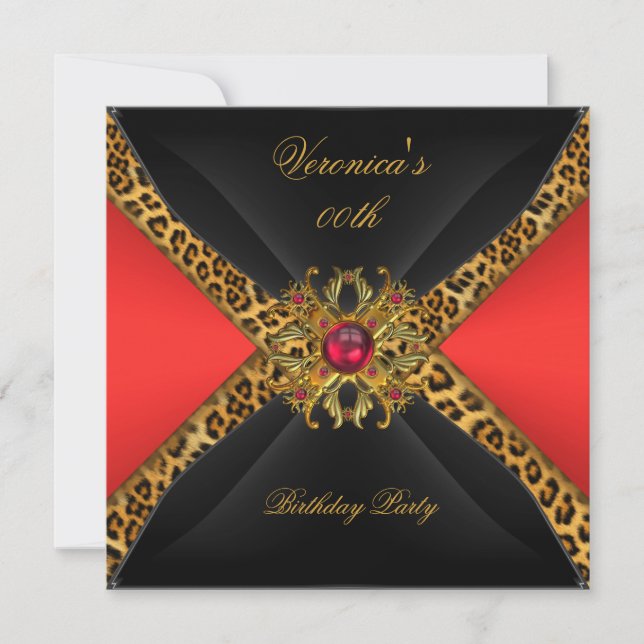 Convites Dourado Vermelho Leopardo Preto Jóia Festa de Aniv (Frente)
