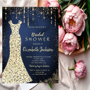 Convites Dourado vestido, Confetti Chá de panela Azul Escur