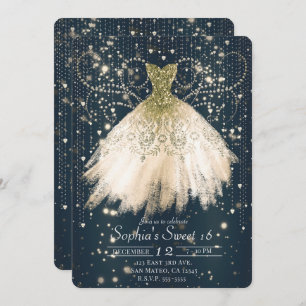 Convites Dourado vestido cor-de-rosa preto Doce 16 Festa