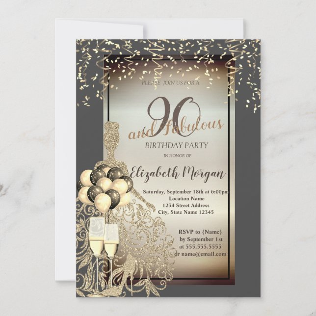 Convites Dourado Vestido De Leve, Balões, Festa de aniversá (Frente)