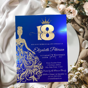 Convites Dourado Vestido de Leve, Tiara, Azul18º Aniversá