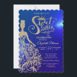 Convites Dourado Vestido De Leve, Tiara, Diamantes Azul Doc<br><div class="desc">Dourada tiara,  vestido e diamantes Doce 16 convites de aniversário.</div>