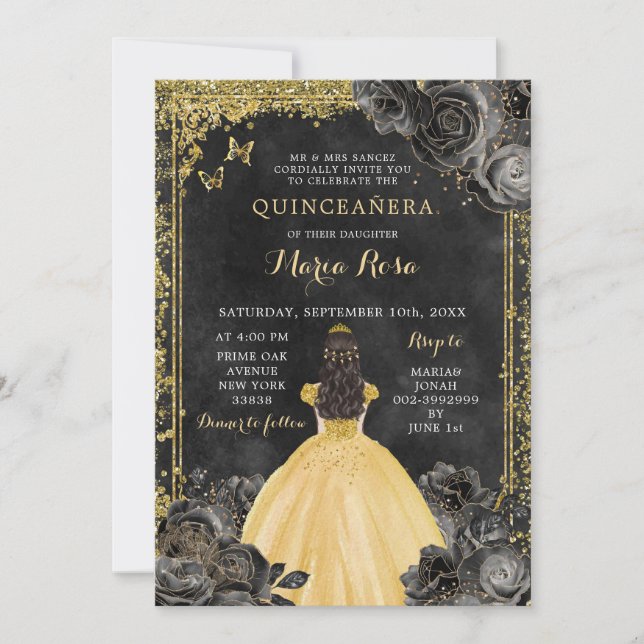 Convites Dourado vestido e Rosa negro Royale Quinceañera (Frente)