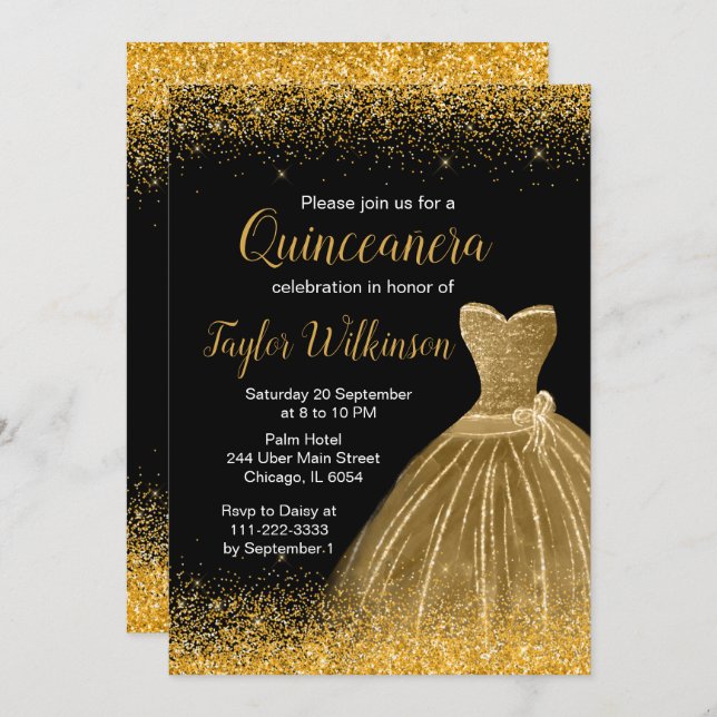 Convites Dourado Vestido Faux Glitter Quinceanera (Frente/Verso)