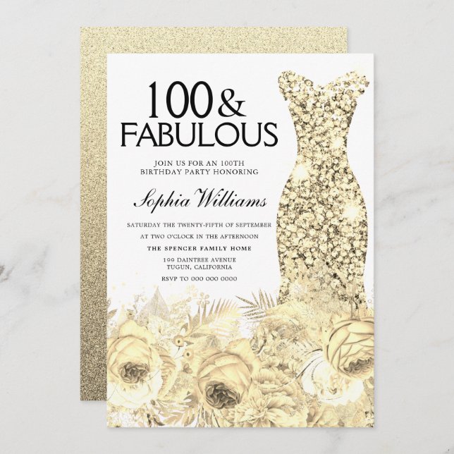 Convites Dourado Vestido Floral 100 e Fabuloso 100º Anivers (Frente/Verso)
